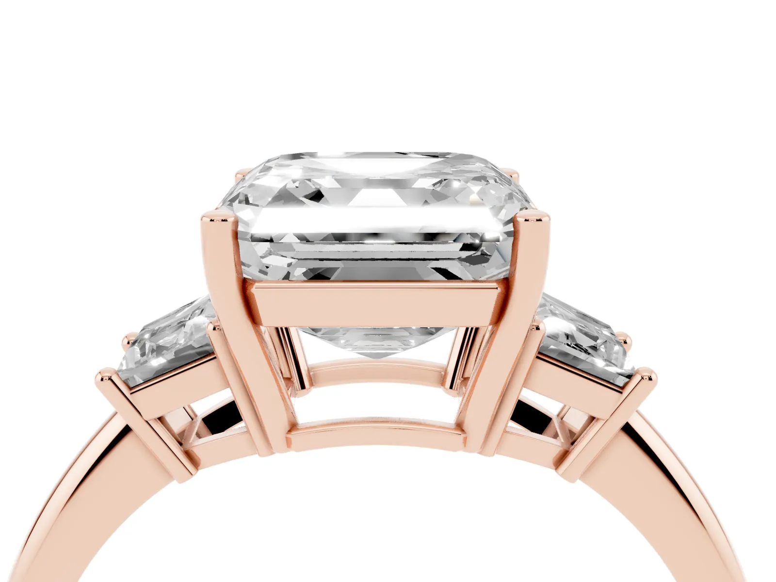 Asscher Cut Diamond Three-Stone Ring with Trapezoid Side Stones and Prong Setting Rose gold