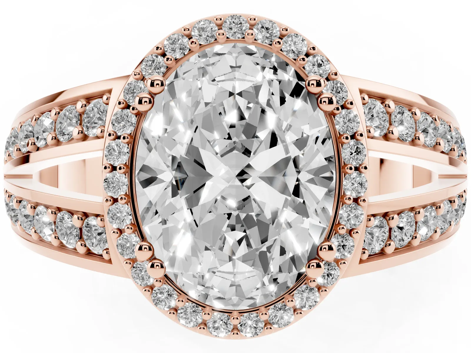 Oval Cut Diamond Halo Ring with Split Shank Pavé Band and Four-Prong Setting Rose gold