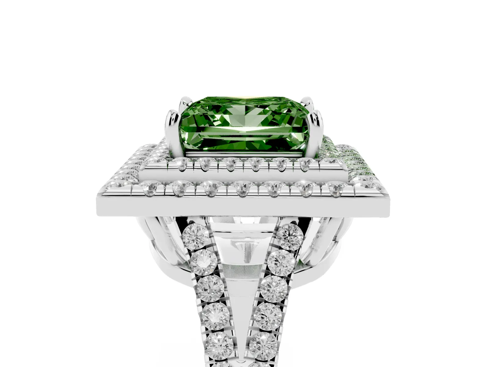 Fancy Green Princess Cut Diamond Double Halo Ring with Pavé Band and Prong Setting Platinum