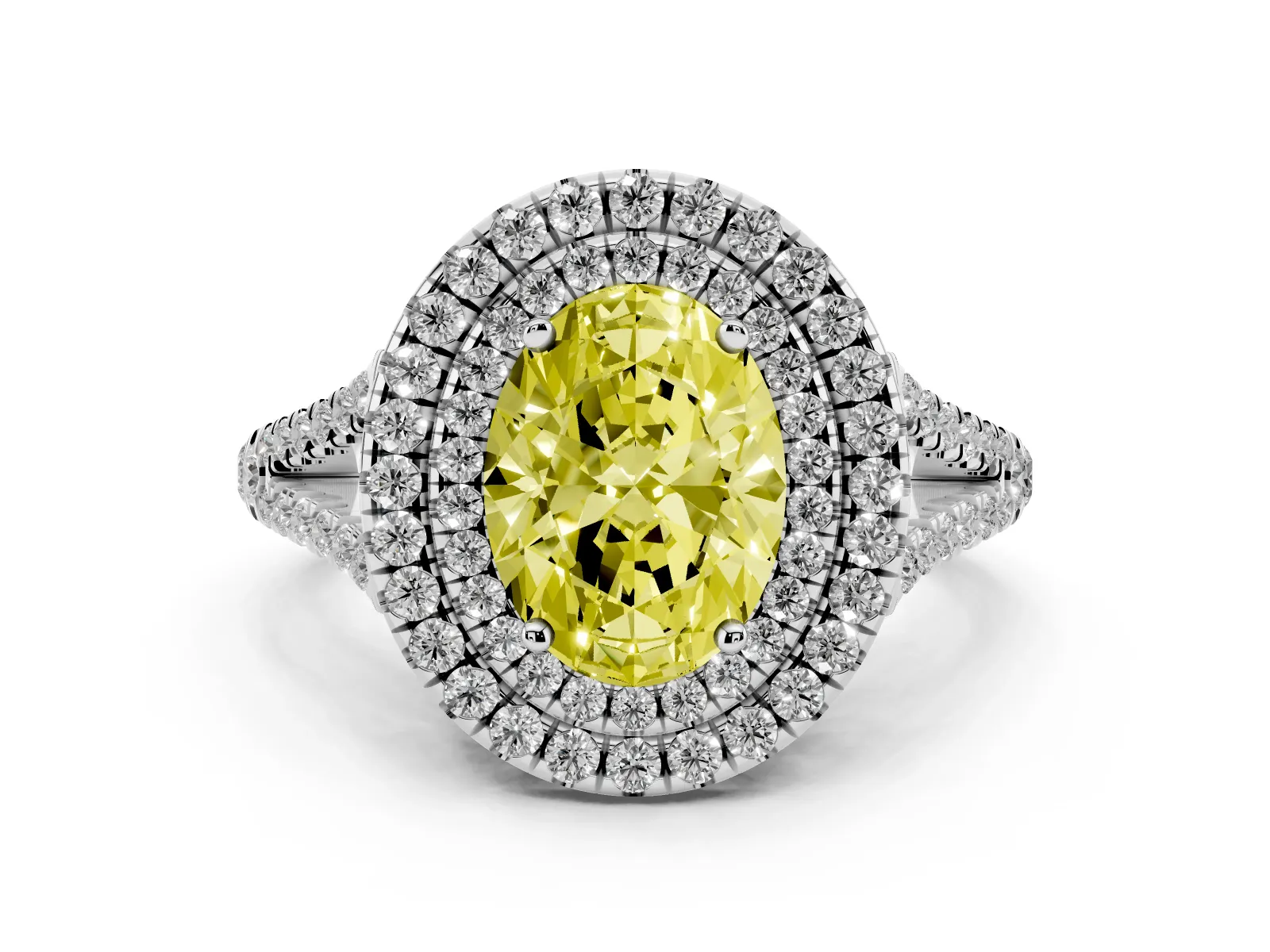 Fancy Yellow Oval Cut Diamond Double Halo Ring with Pavé Band and Prong Setting Platinum