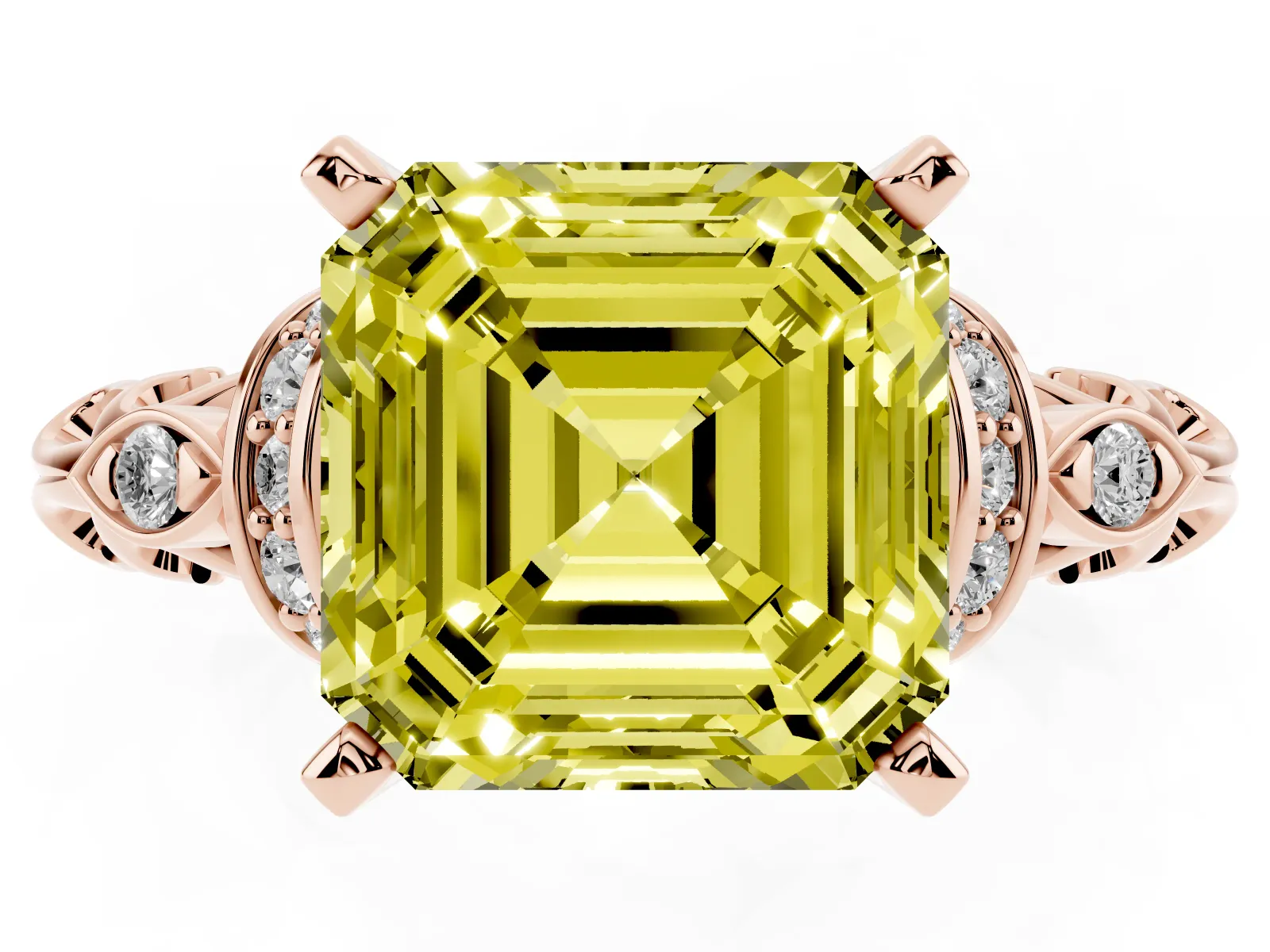 Fancy Yellow Asscher Cut Diamond Solitaire Ring with Filigree Band and Four-Prong Setting Rose gold