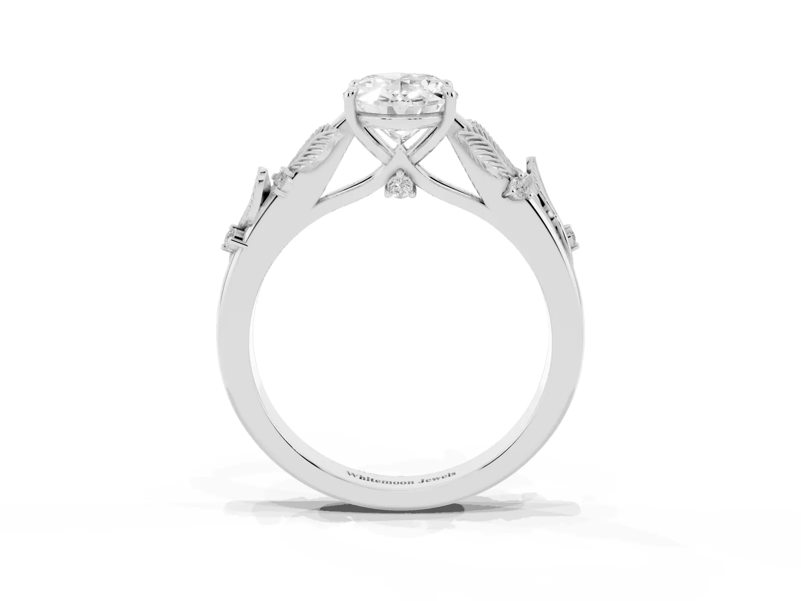 Oval Cut Diamond Solitaire Ring with Leaf Motif Band and Four-Prong Setting Platinum