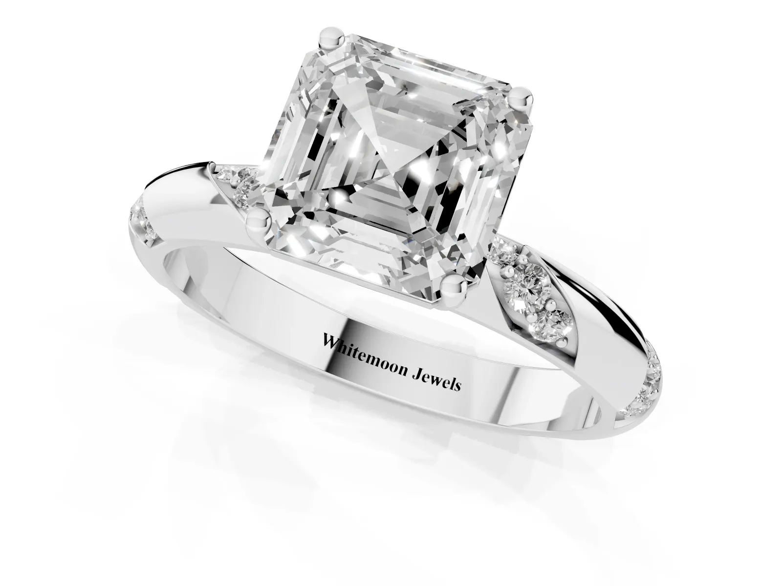 Asscher Cut Diamond Solitaire Engagement Ring with Twisted Round Accent Band and Prong Setting Platinum