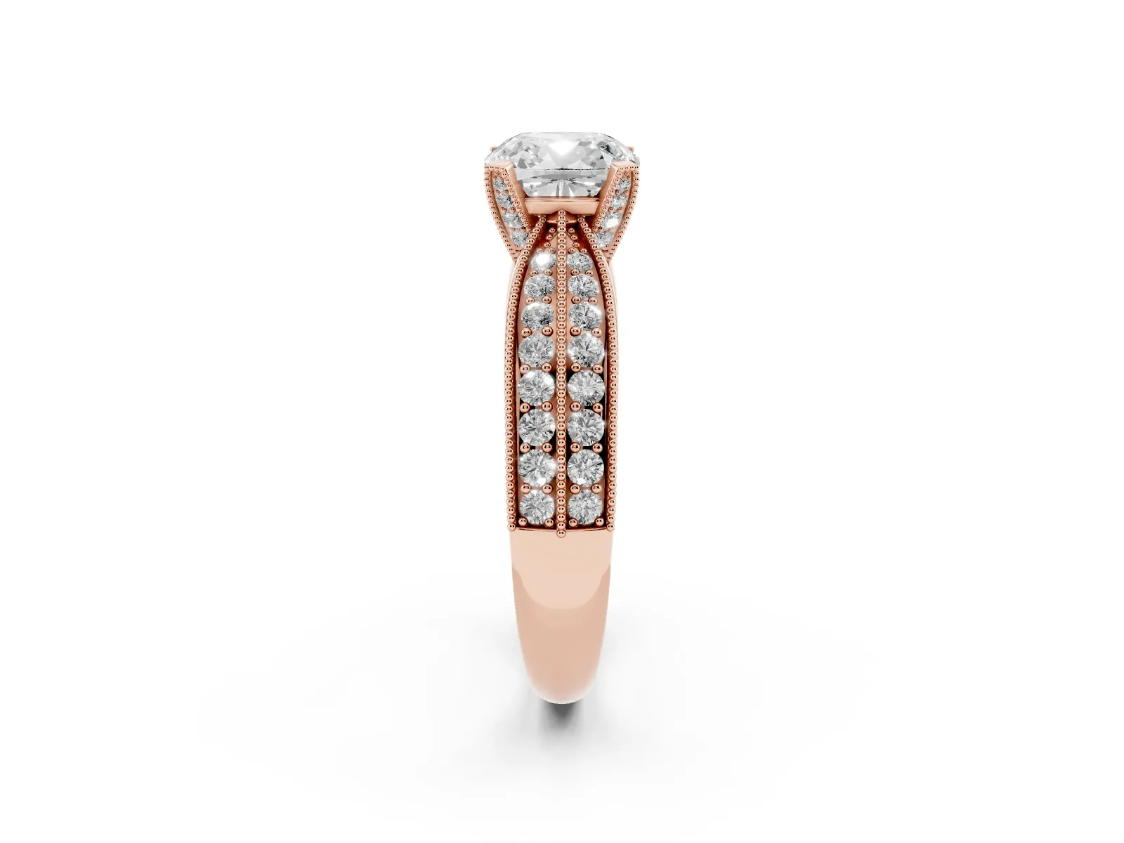 Cushion Cut Diamond Solitaire Ring with Milgrain Round Pavé Band and Prong Setting Rose gold