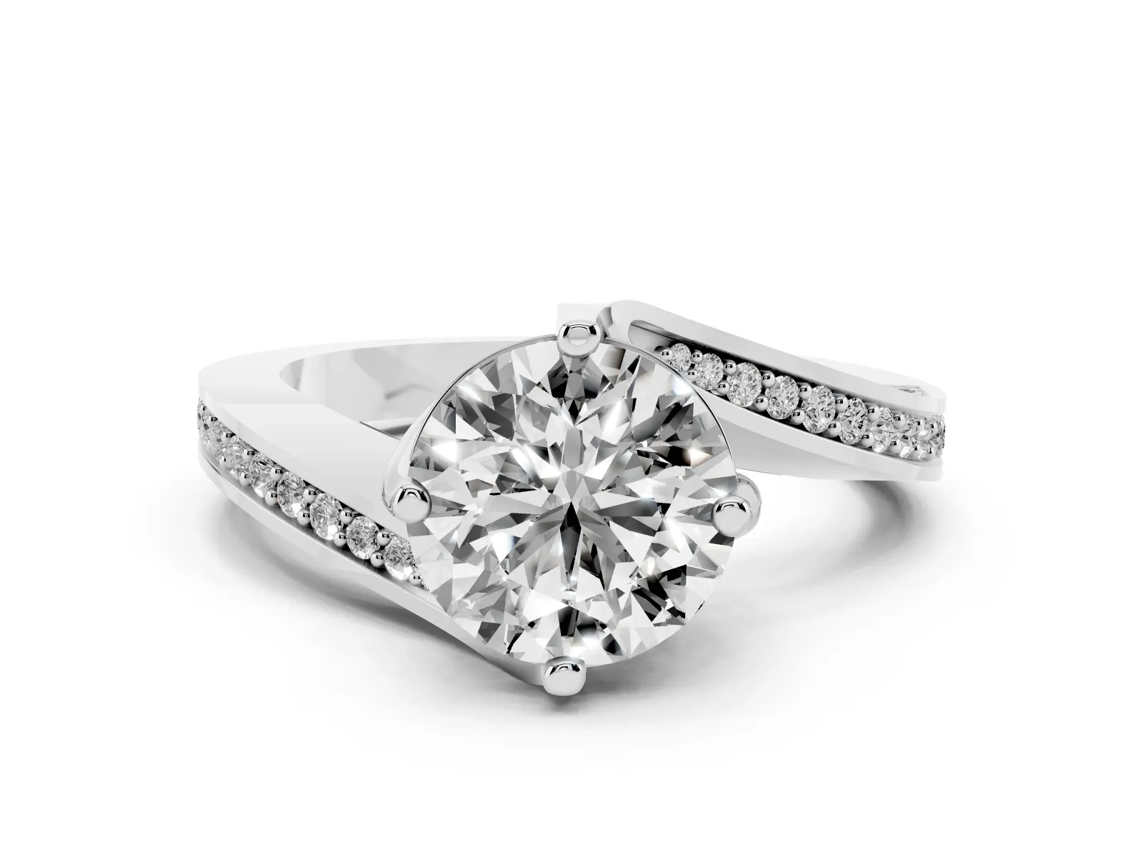 Round Cut Solitaire Diamond Twist Band with Pavé Setting and Four-Prong Setting Platinum