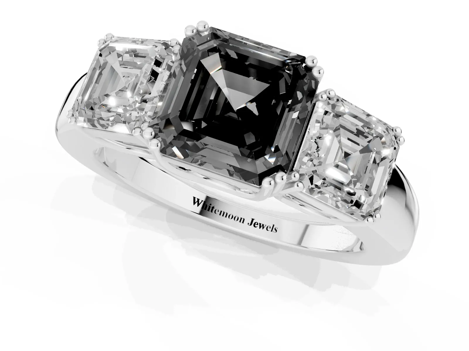 Fancy Black Three-Stone Asscher Cut Cut Diamond Ring with Channel Set Band and Four-Prong Setting White gold