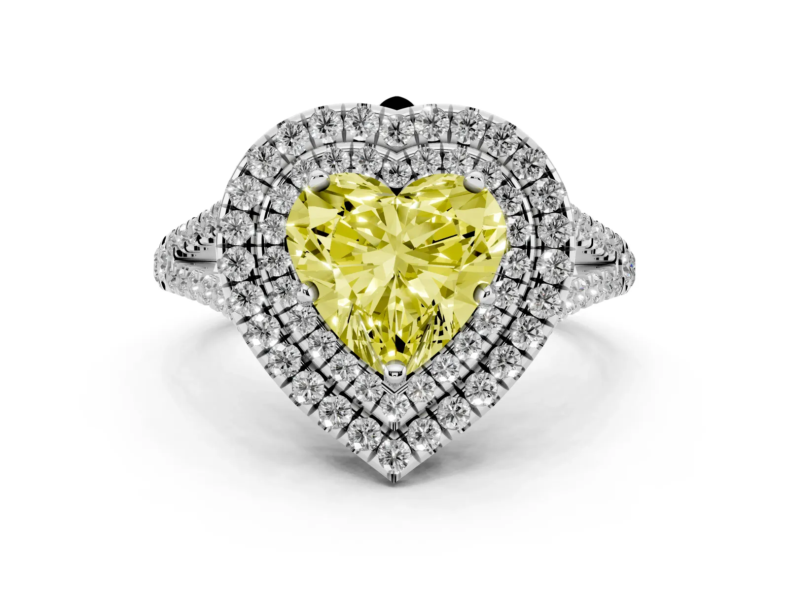 Fancy Yellow Heart Cut Diamond Double Halo Ring with Pavé Band and Prong Setting Platinum