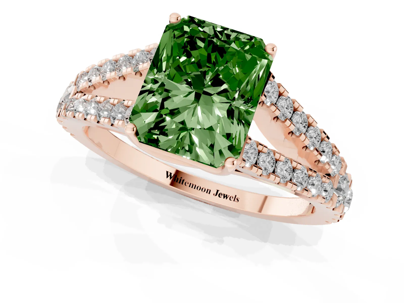 Fancy Green Radiant Cut Diamond Split Shank Engagement Ring with Round Pavé and Prong Setting Rose gold