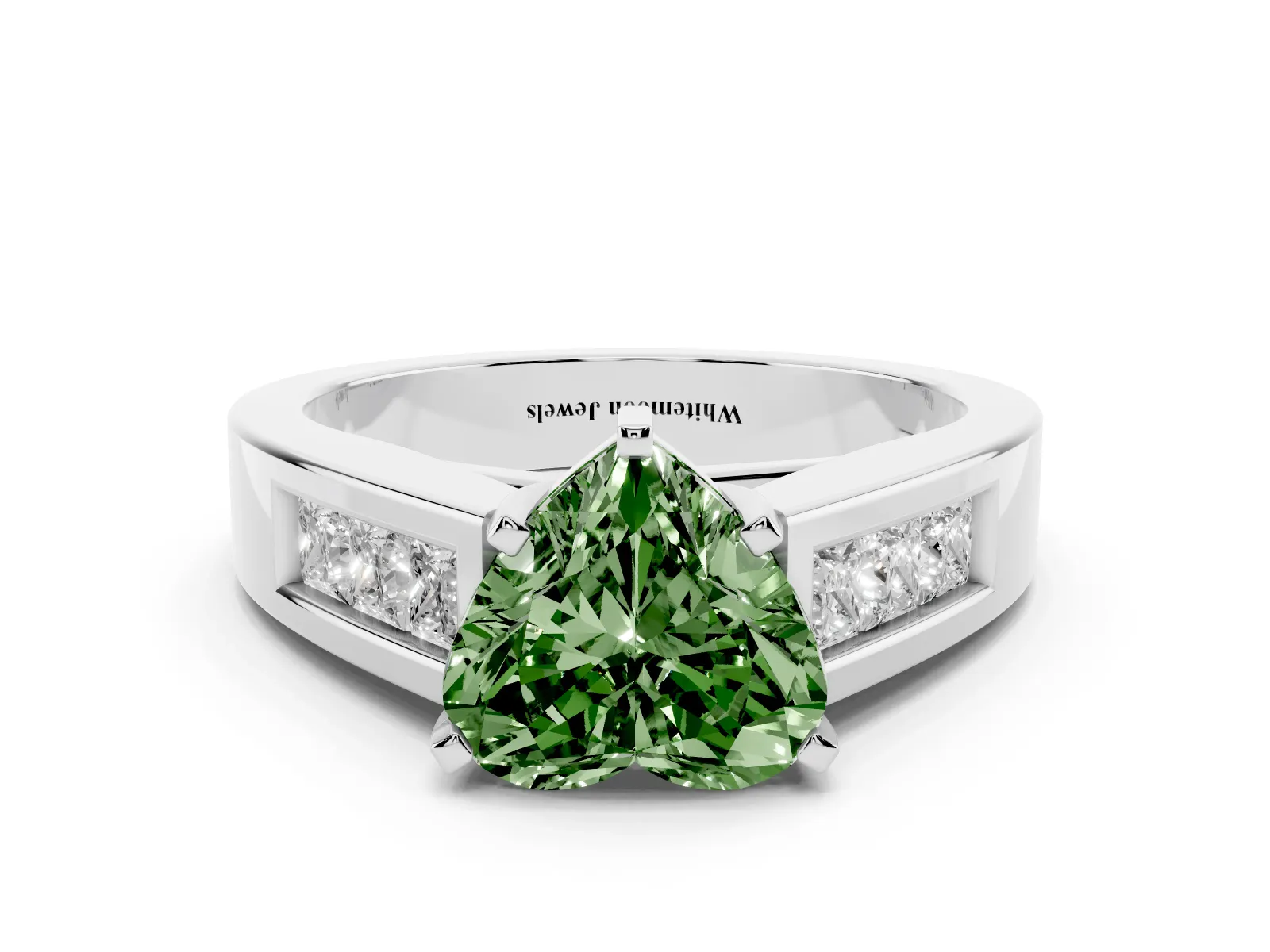 Fancy Green Heart Cut Cut Channel Set Solitaire Ring with Four-Prong Setting White gold