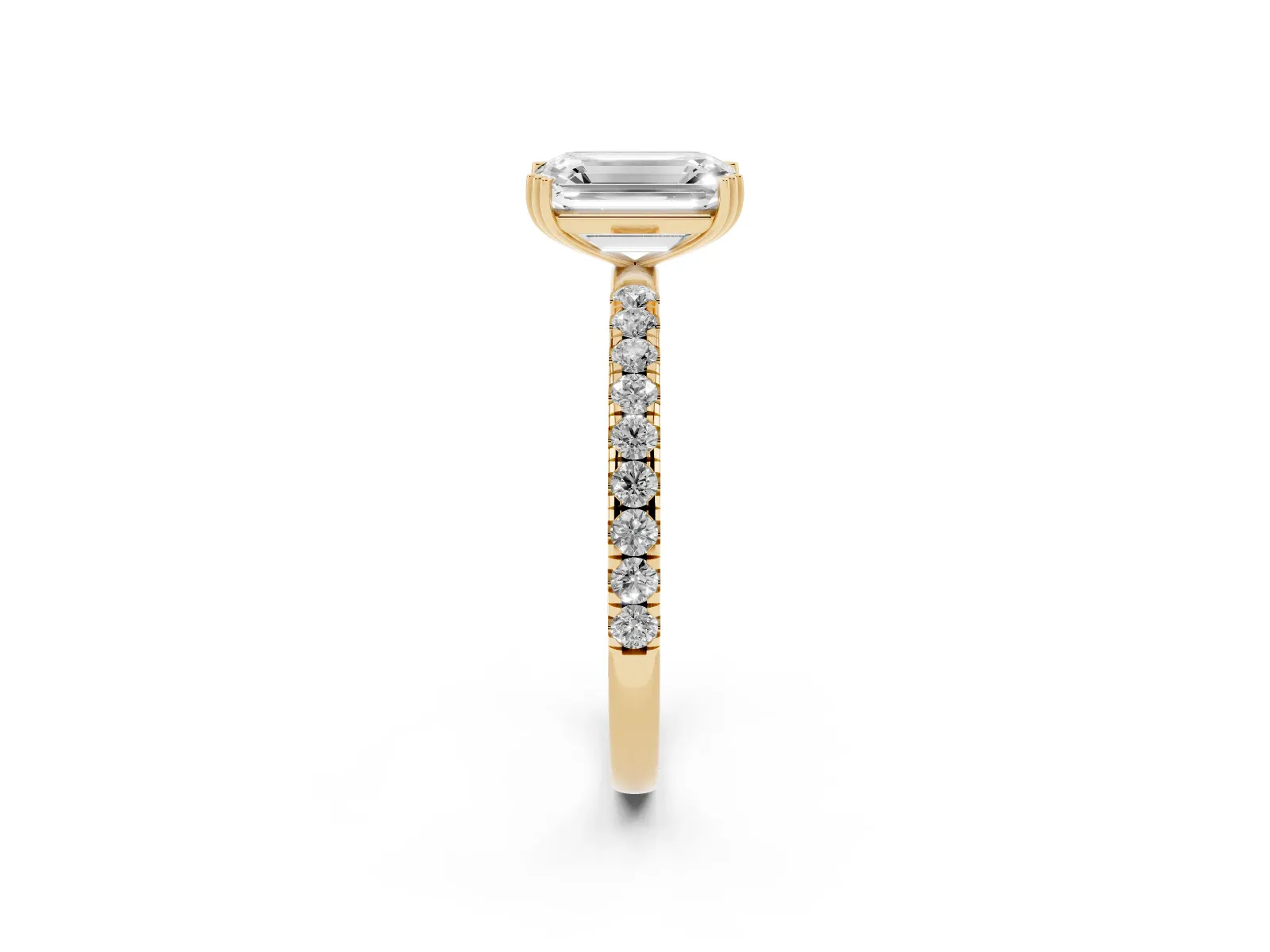 Emerald Cut Brilliant Solitaire with Pavé Band and Claw Prong Setting Yellow gold