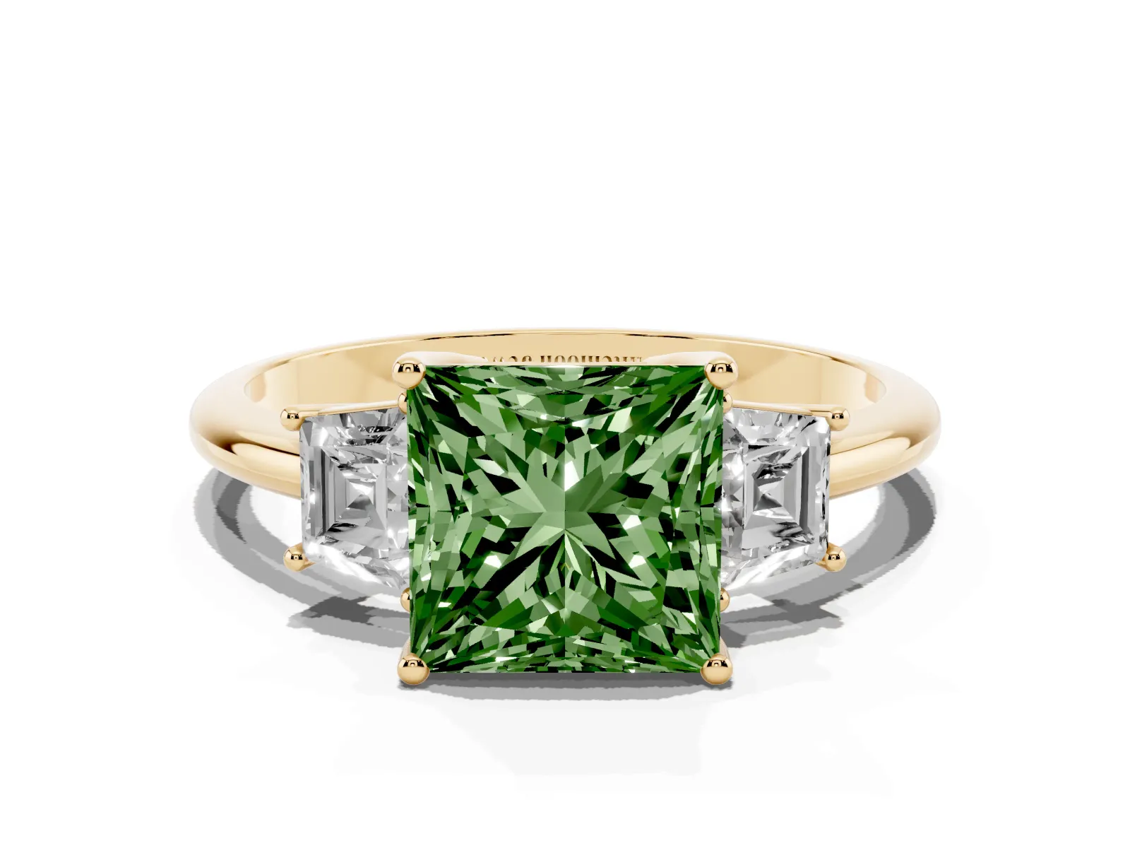 Fancy Green Princess Cut Diamond Three-Stone Ring with Trapezoid Side Stones and Prong Setting Yellow gold