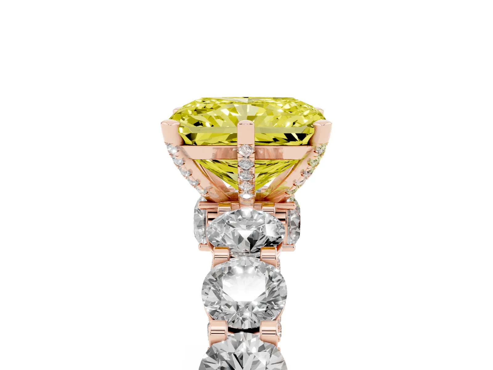 Fancy Yellow Radiant Cut Diamond Side Stone Engagement Ring with Four-Prong Setting Rose gold
