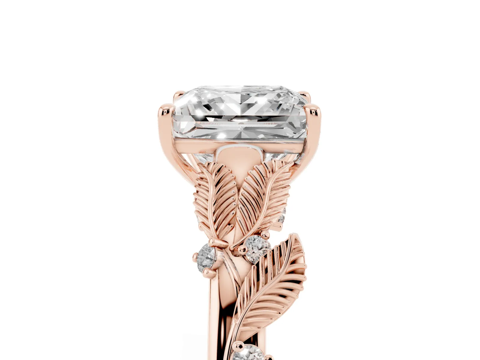Princess Cut Diamond Solitaire Ring with Leaf Motif Band and Four-Prong Setting Rose gold