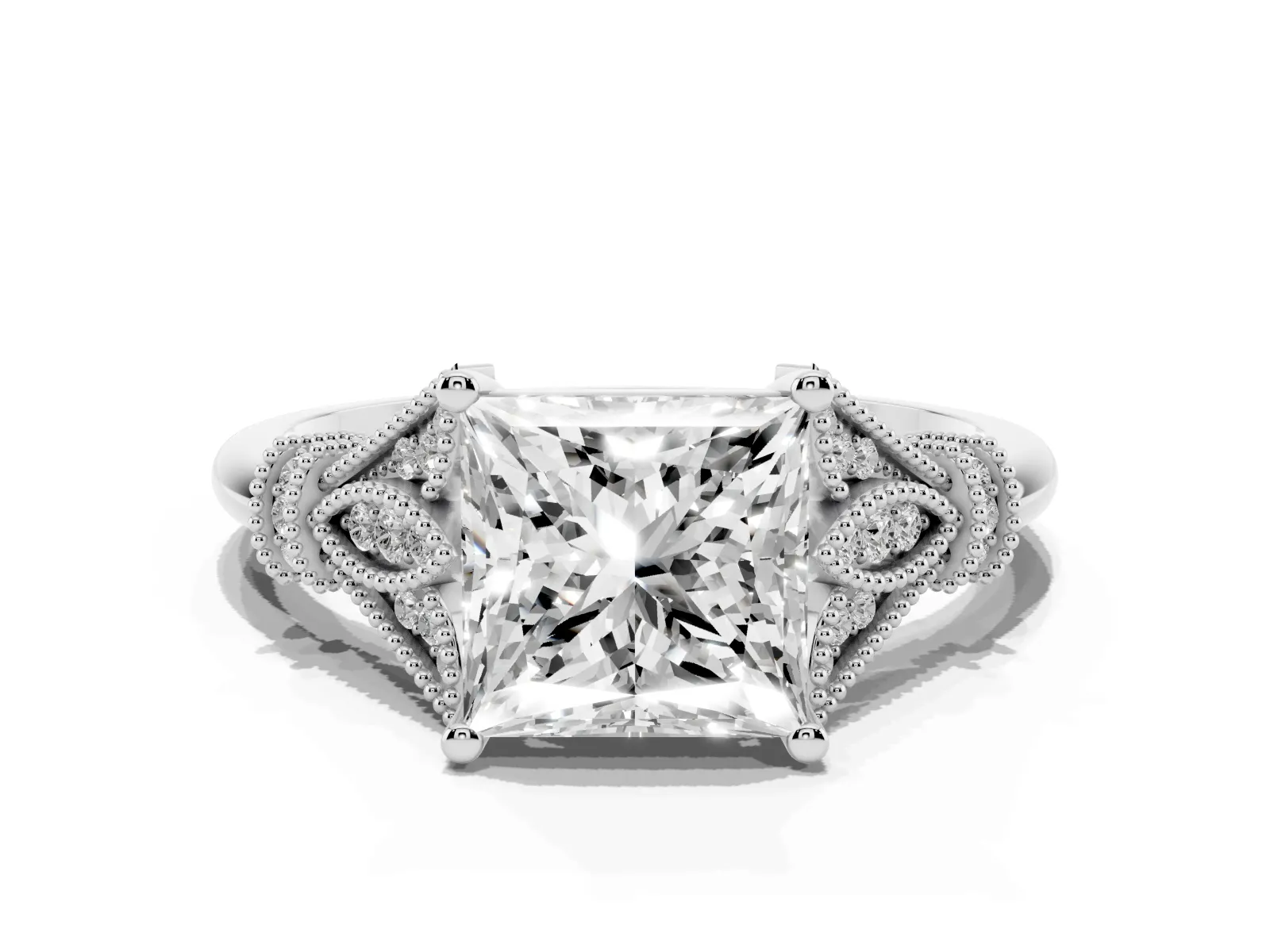 Princess Cut Diamond Solitaire Ring with Floral Filigree and Pave Accents Platinum