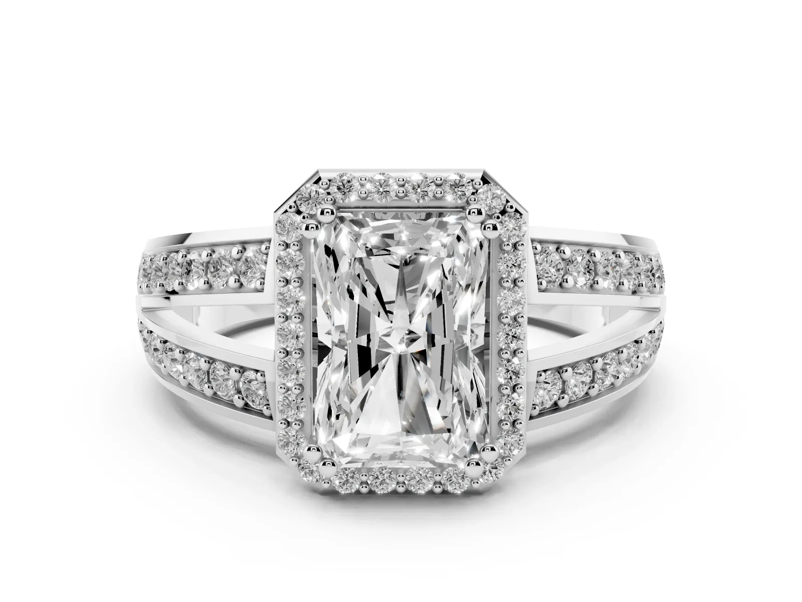 Radiant Cut Diamond Halo Ring with Split Shank Pavé Band and Four-Prong Setting White gold