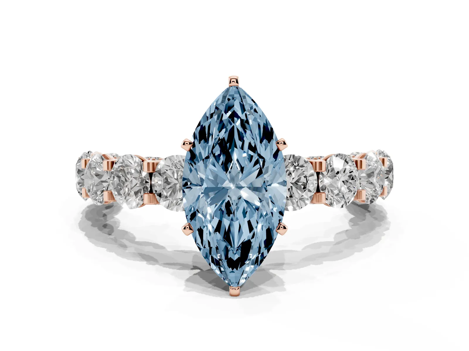 Fancy Blue Marquise Cut Diamond Side Stone Engagement Ring with Four-Prong Setting Rose gold