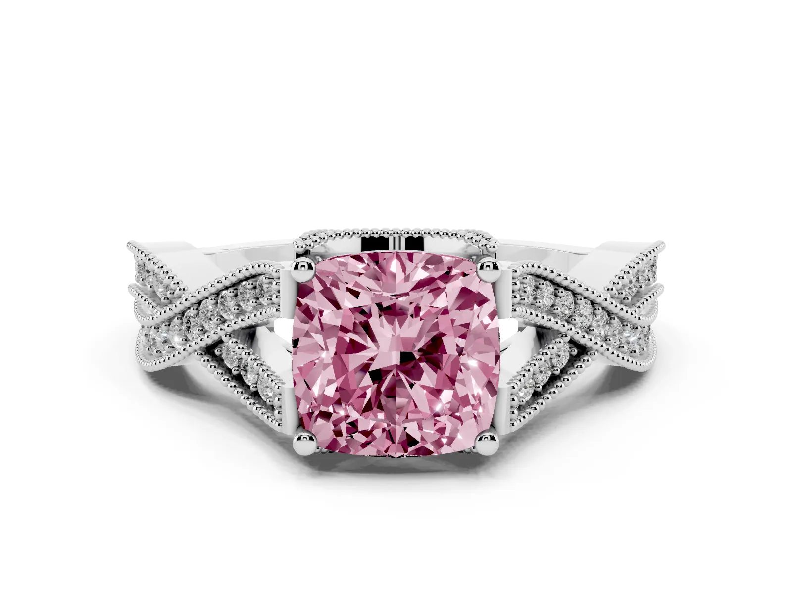 Fancy Pink Cushion Cut Cut Diamond Twisted Band with Milgrain Pave Setting and Four-Prong Setting Platinum
