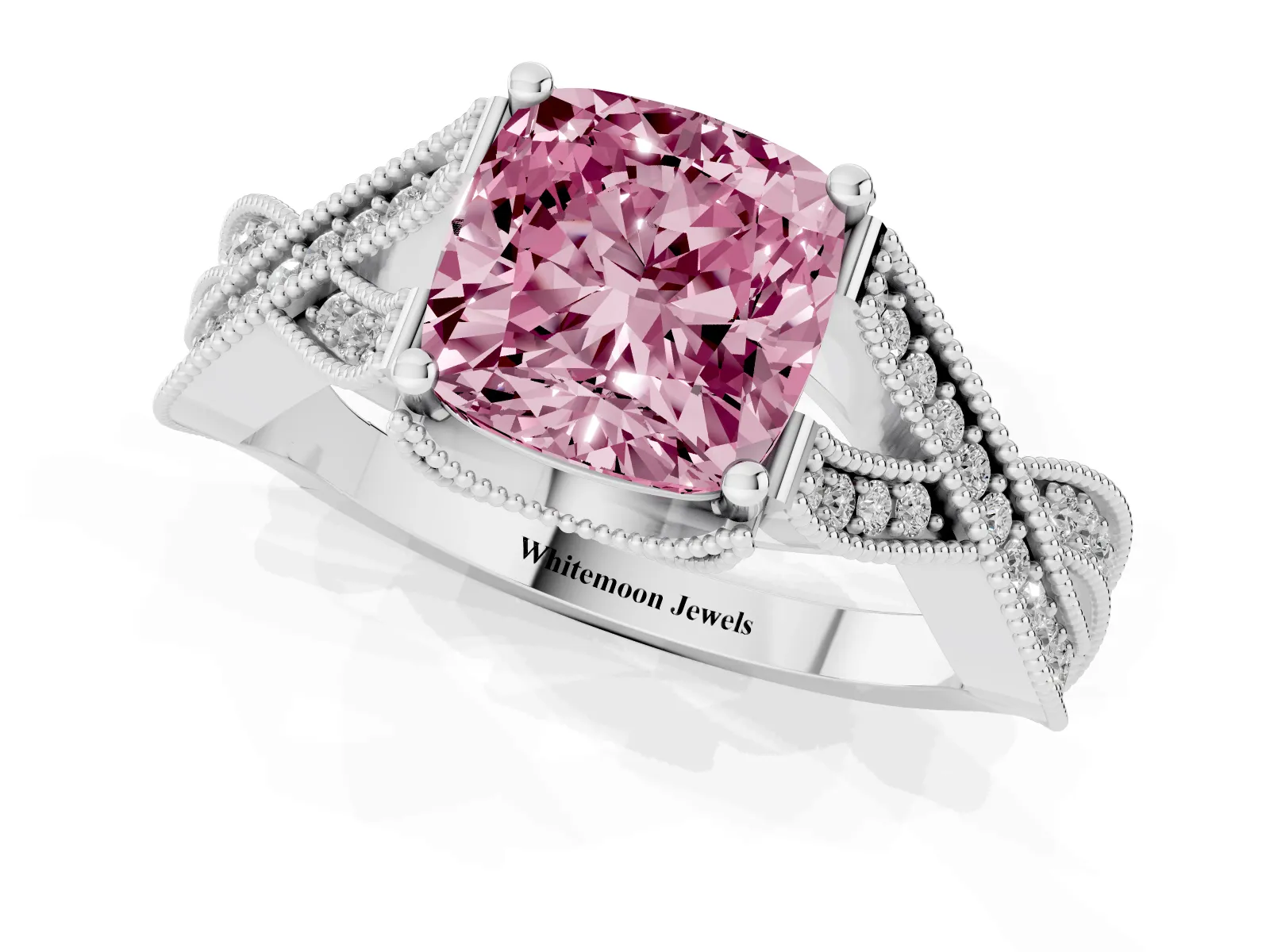 Fancy Pink Cushion Cut Cut Diamond Twisted Band with Milgrain Pave Setting and Four-Prong Setting Platinum