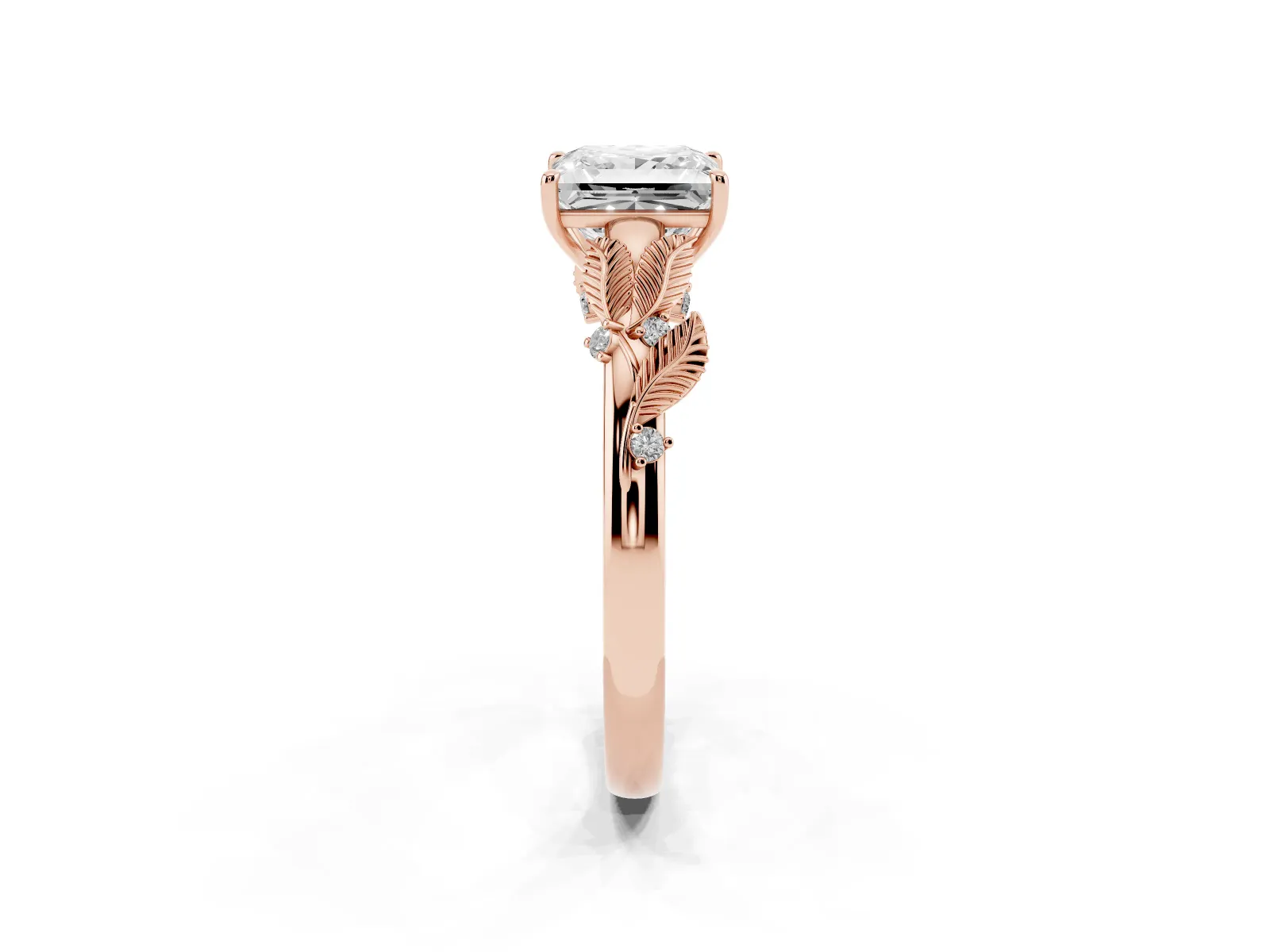 Princess Cut Diamond Solitaire Ring with Leaf Motif Band and Four-Prong Setting Rose gold