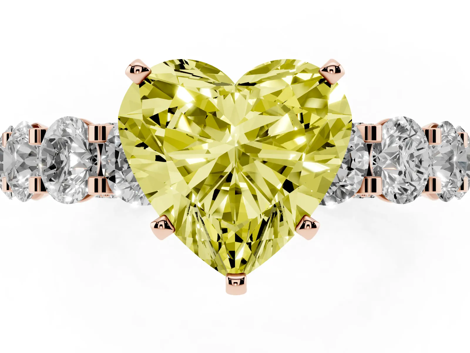 Fancy Yellow Heart Cut Diamond Side Stone Engagement Ring with Four-Prong Setting Rose gold
