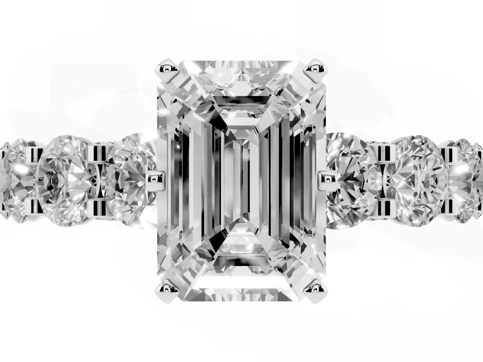 Emerald Cut Diamond Side Stone Engagement Ring with Four-Prong Setting Platinum