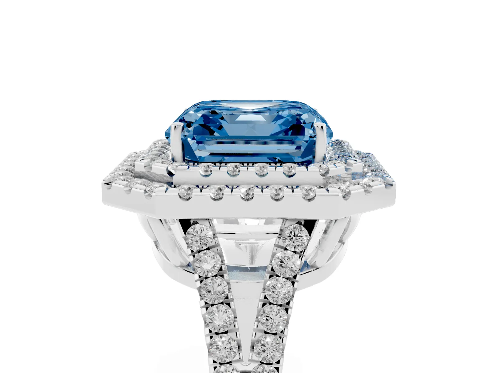 Fancy Blue Asscher Cut Diamond Double Halo Ring with Pavé Band and Prong Setting Platinum