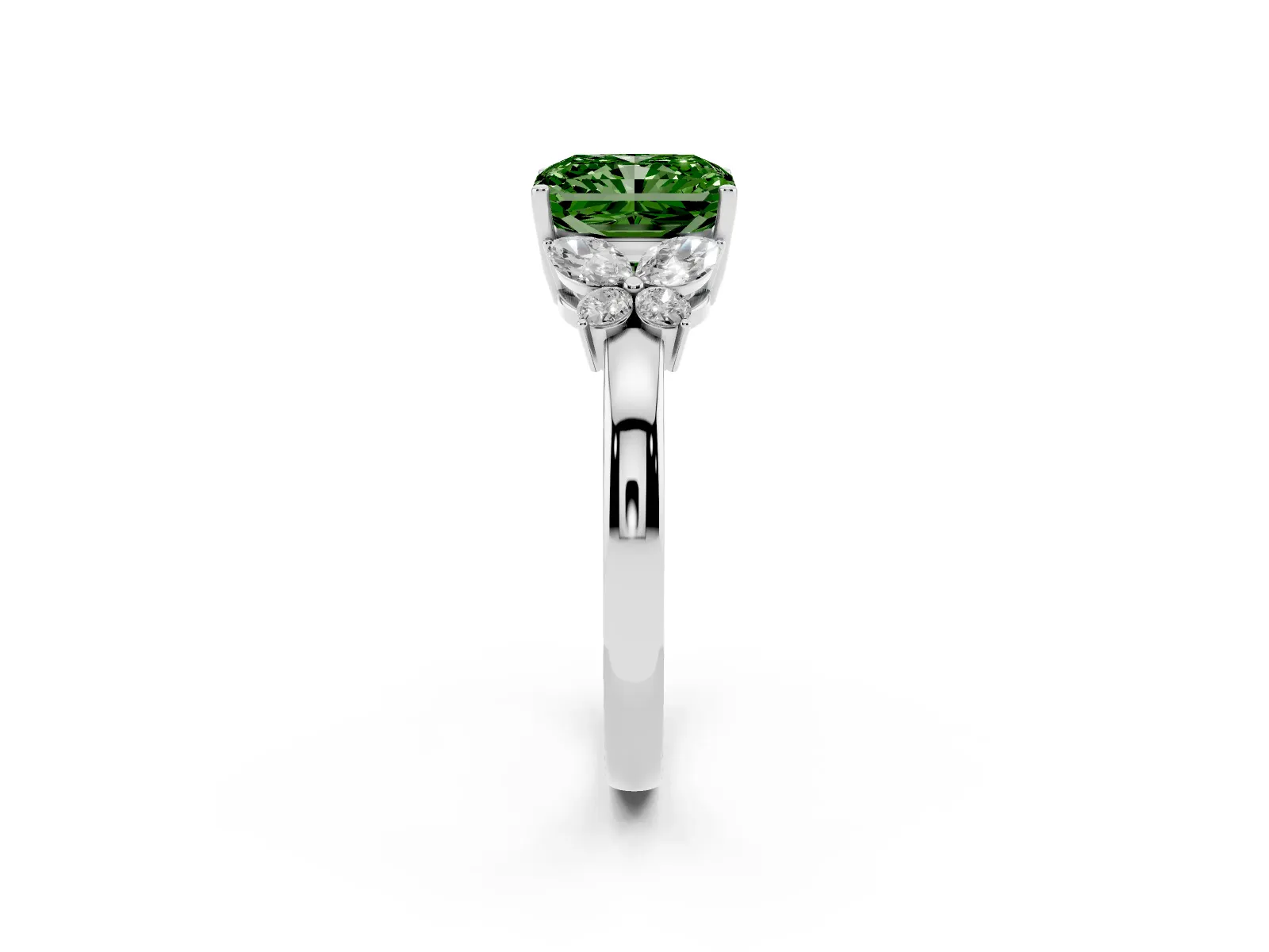 Fancy Green Radiant Cut Cut Solitaire Floral Diamond Ring with Four-Prong Setting Platinum