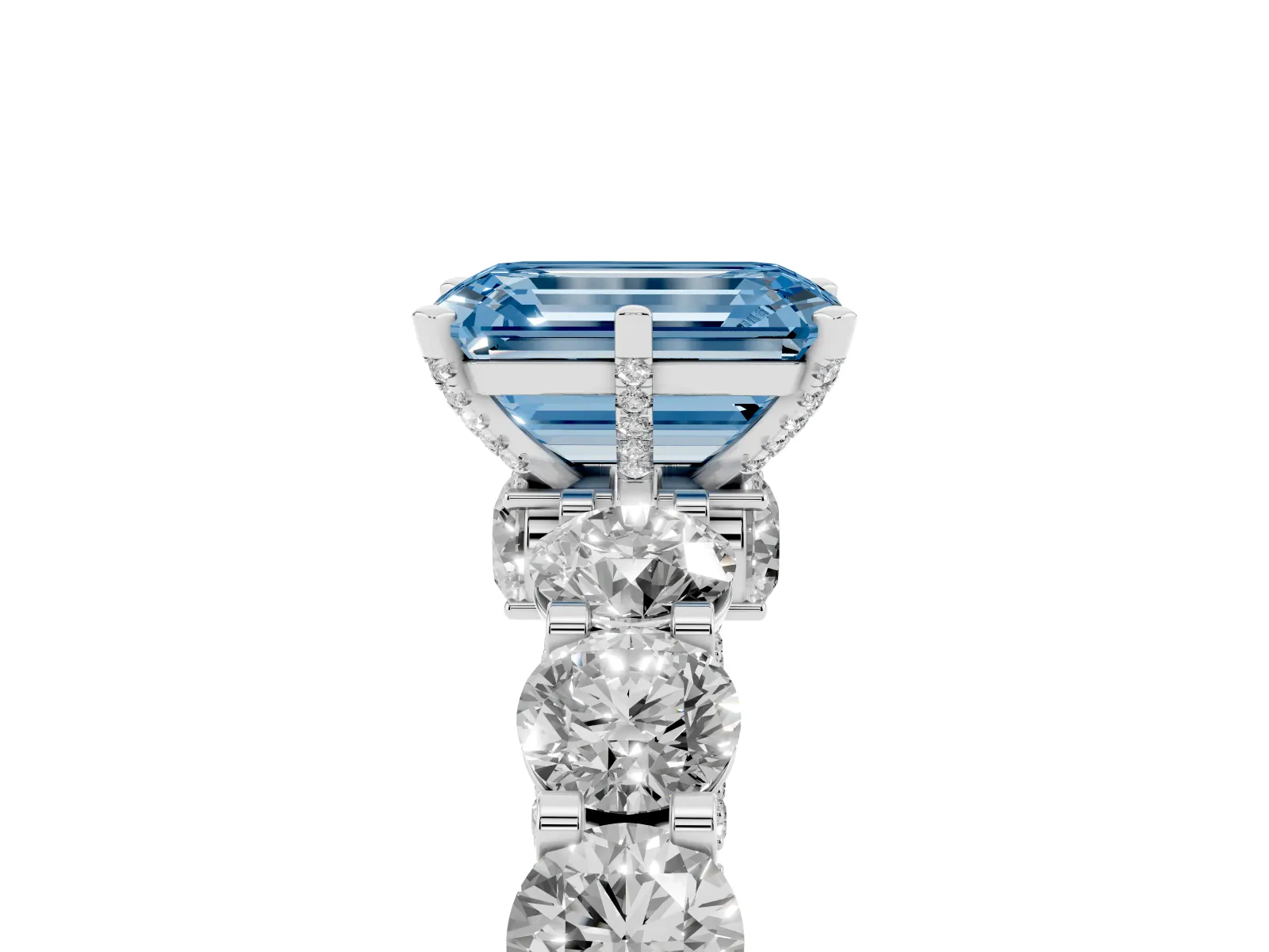 Fancy Blue Emerald Cut Diamond Side Stone Engagement Ring with Four-Prong Setting White gold