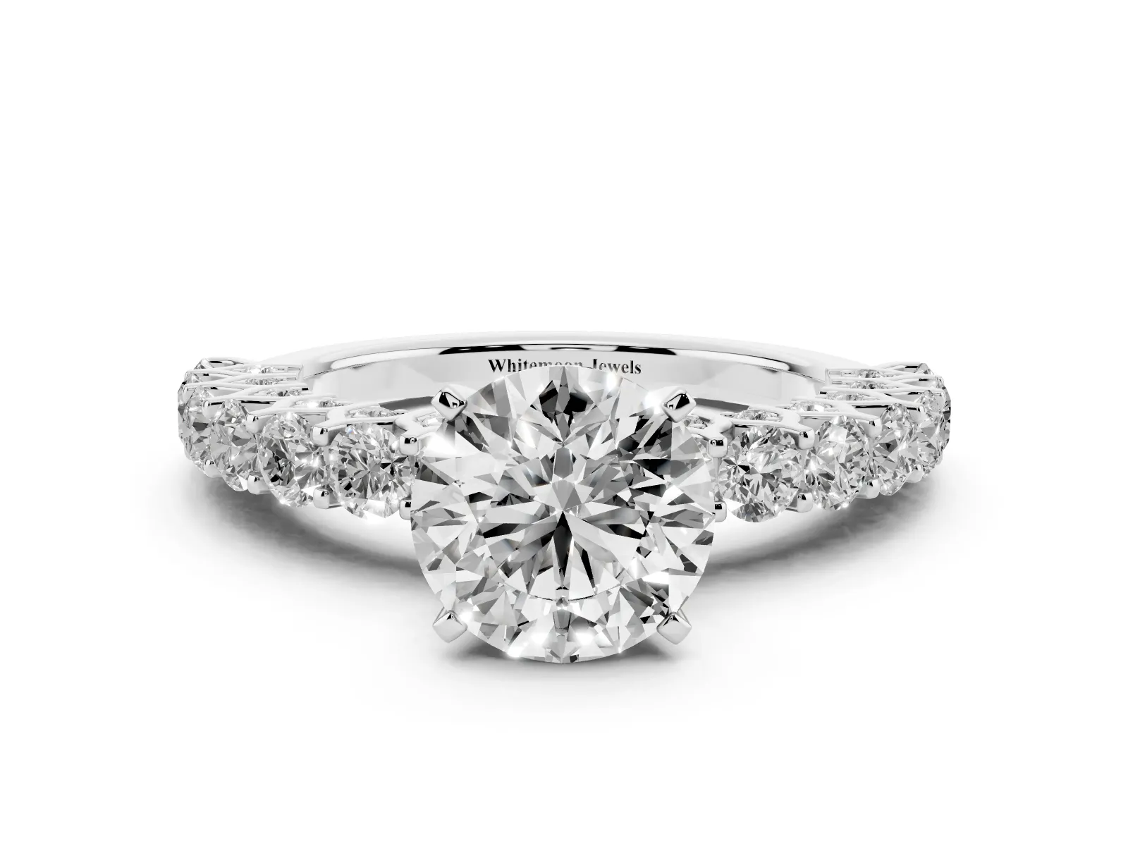 Round Cut Diamond Solitaire Ring with Shared Prong Pavé Band and Four-Prong Setting White gold