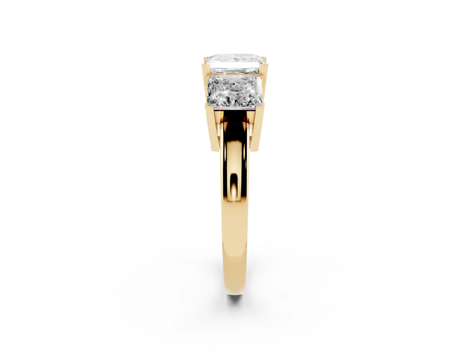 Three-Stone Princess Cut Cut Diamond Ring with Channel Set Band and Four-Prong Setting Yellow gold