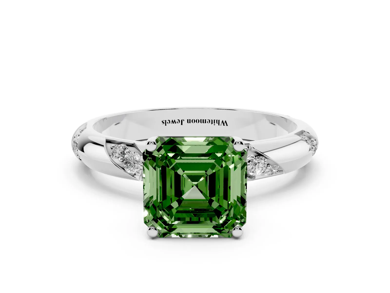 Fancy Green Asscher Cut Diamond Solitaire Engagement Ring with Twisted Round Accent Band and Prong Setting Platinum