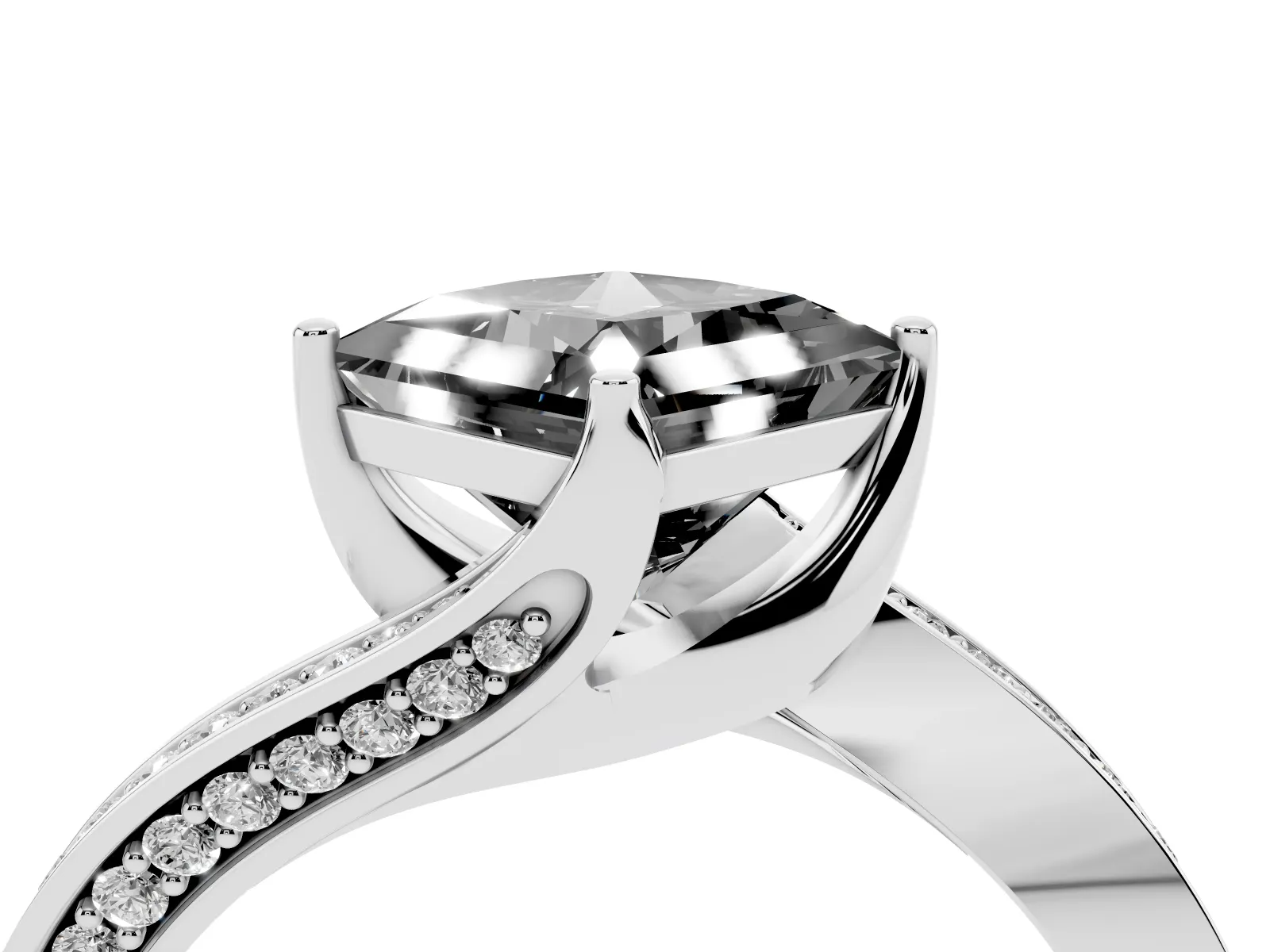 Fancy Black Princess Cut Solitaire Diamond Twist Band with Pavé Setting and Four-Prong Setting Platinum