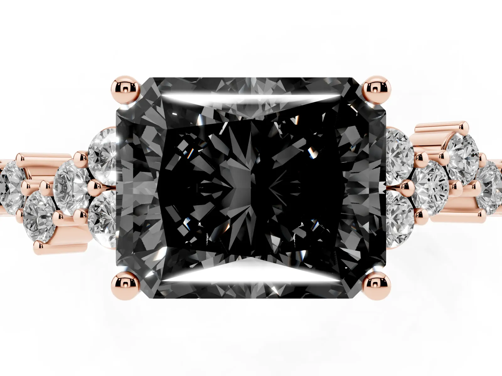 Fancy Black Radiant Cut Diamond Scattered Round Accent Ring with Prong Setting Rose gold