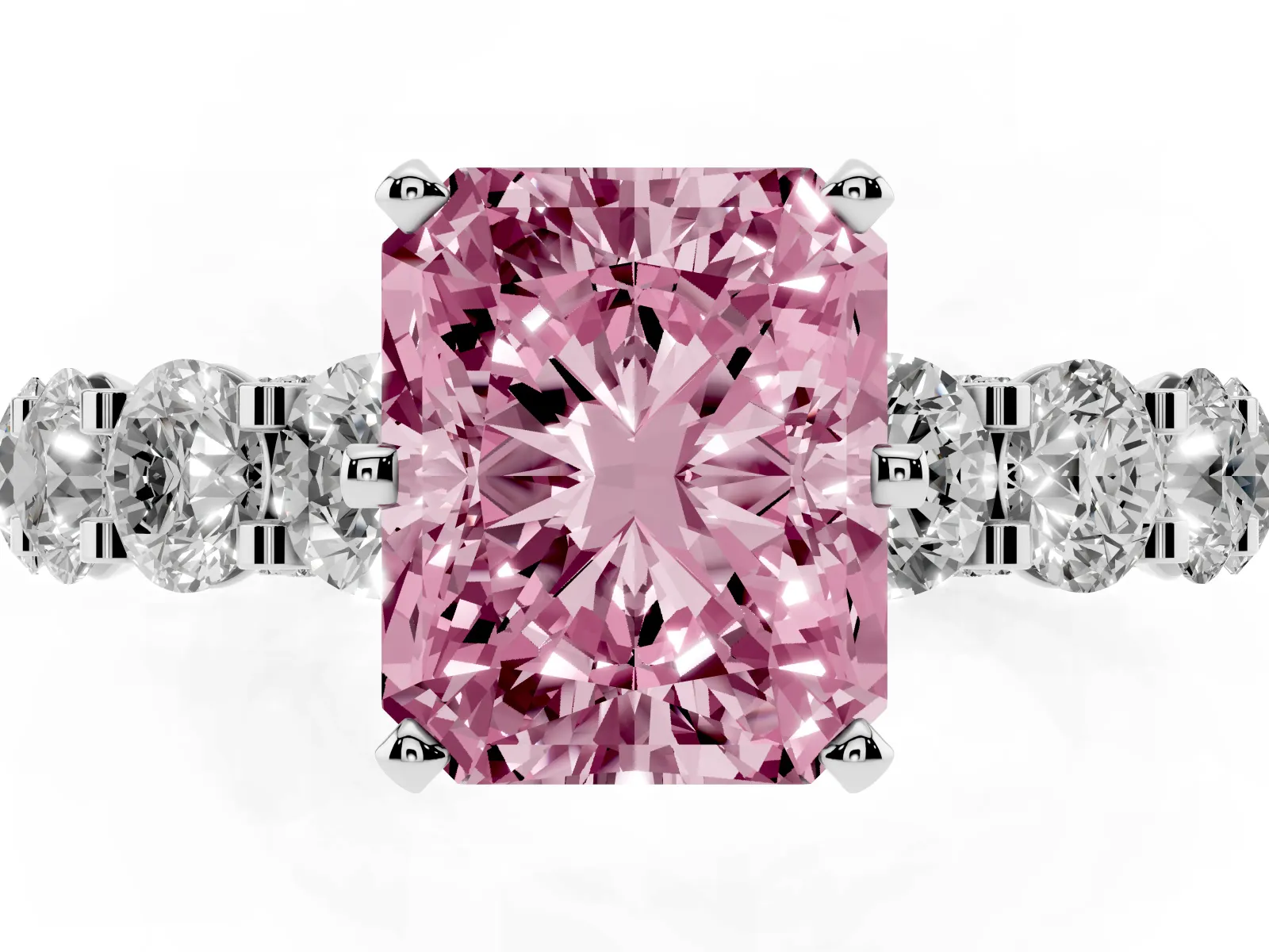 Fancy Pink Radiant Cut Diamond Side Stone Engagement Ring with Four-Prong Setting Platinum