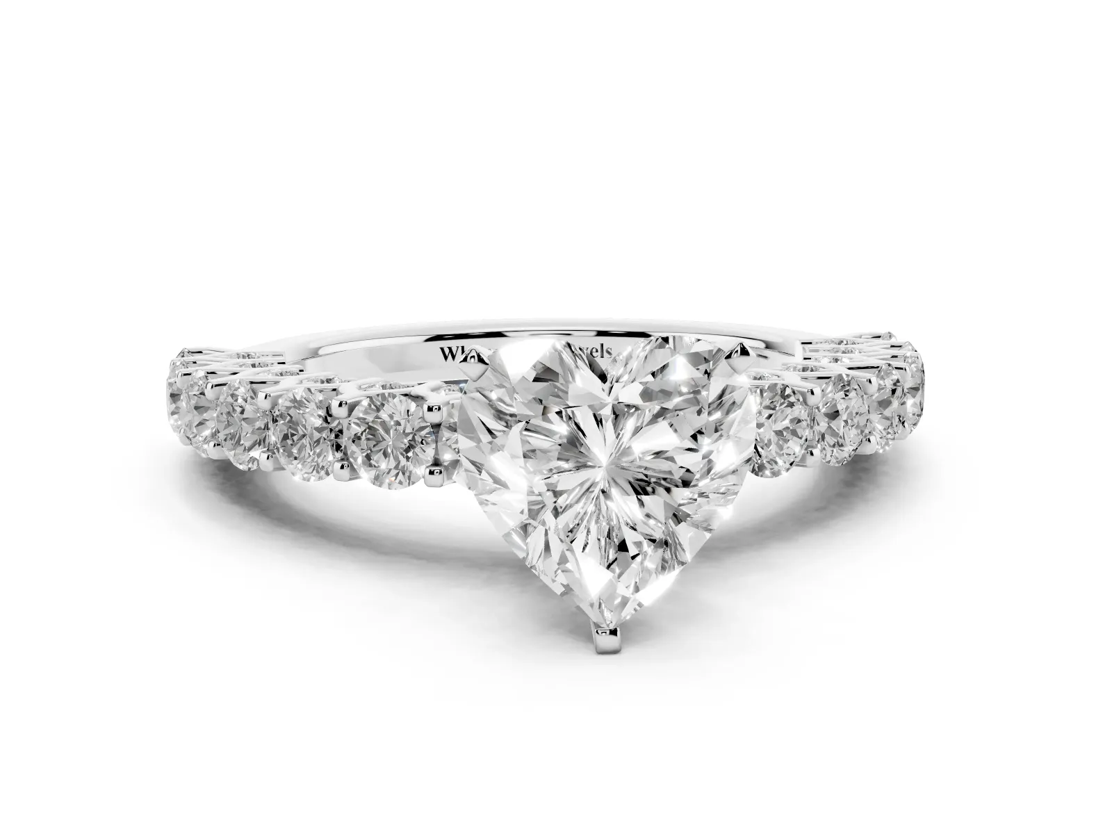 Heart Cut Diamond Solitaire Ring with Shared Prong Pavé Band and Four-Prong Setting White gold