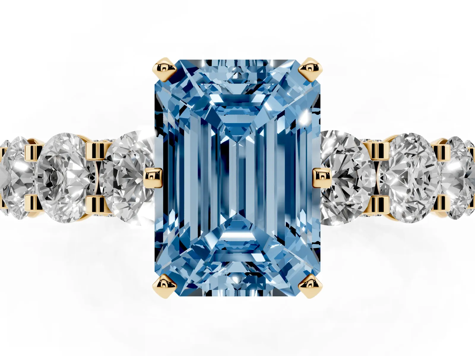 Fancy Blue Emerald Cut Diamond Side Stone Engagement Ring with Four-Prong Setting Yellow gold