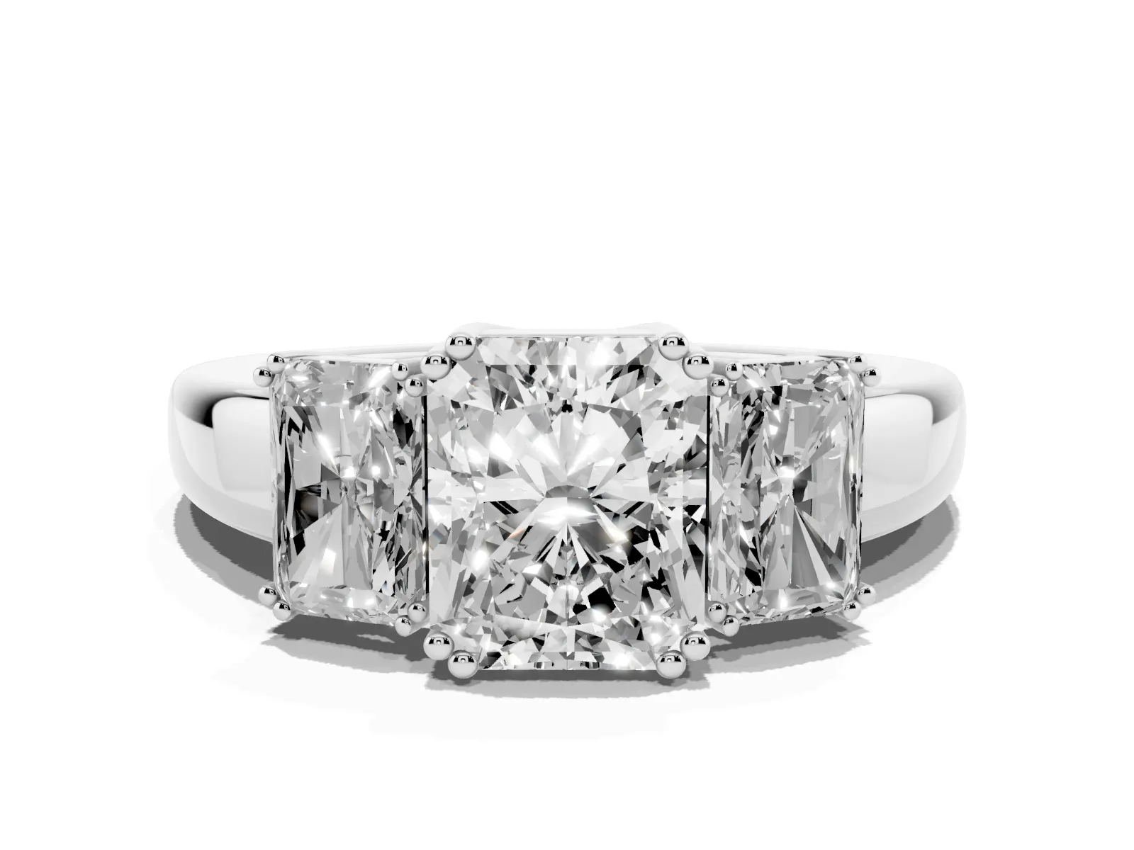 Three-Stone Radiant Cut Cut Diamond Ring with Channel Set Band and Four-Prong Setting White gold