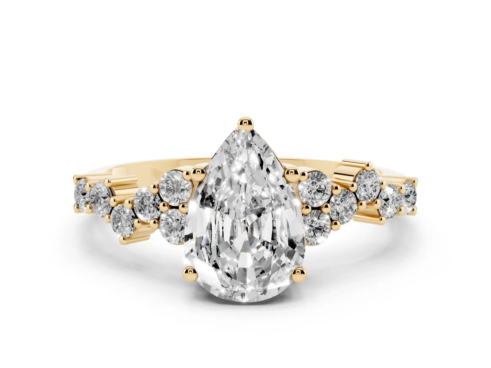 Pear Cut Diamond Scattered Round Accent Ring with Prong Setting Yellow gold