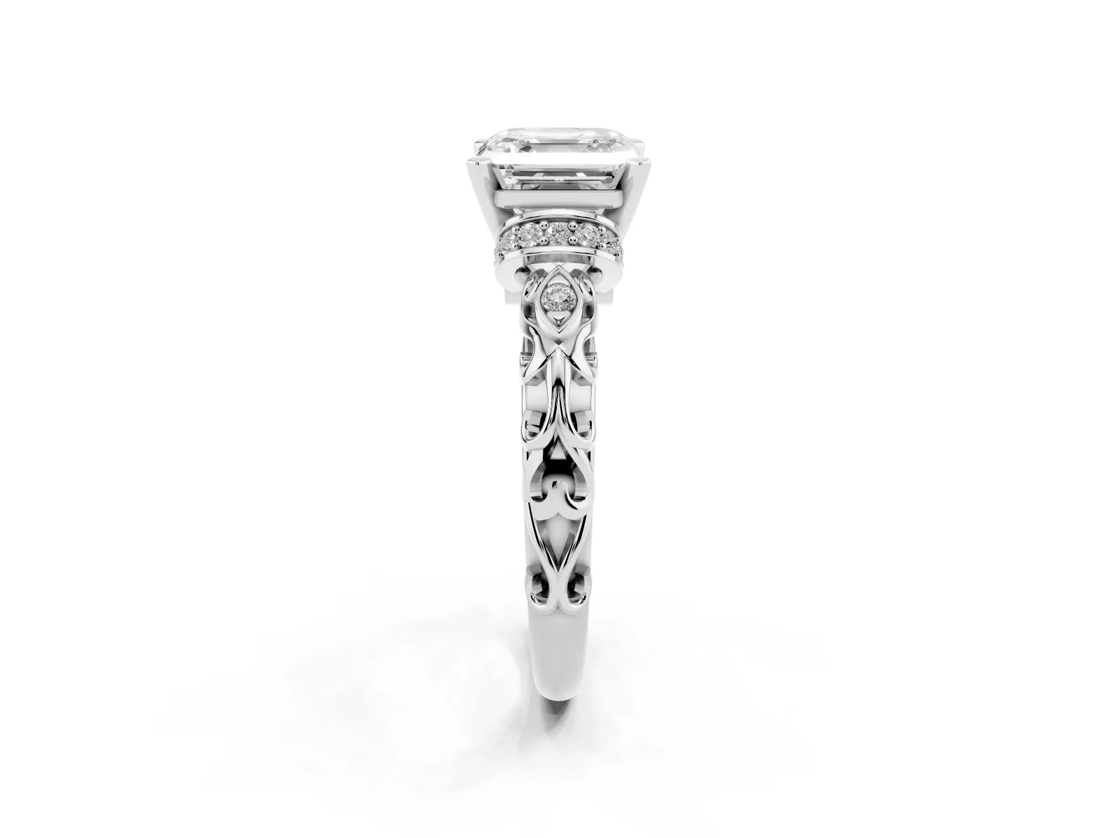 Asscher Cut Diamond Solitaire Ring with Filigree Band and Four-Prong Setting Platinum