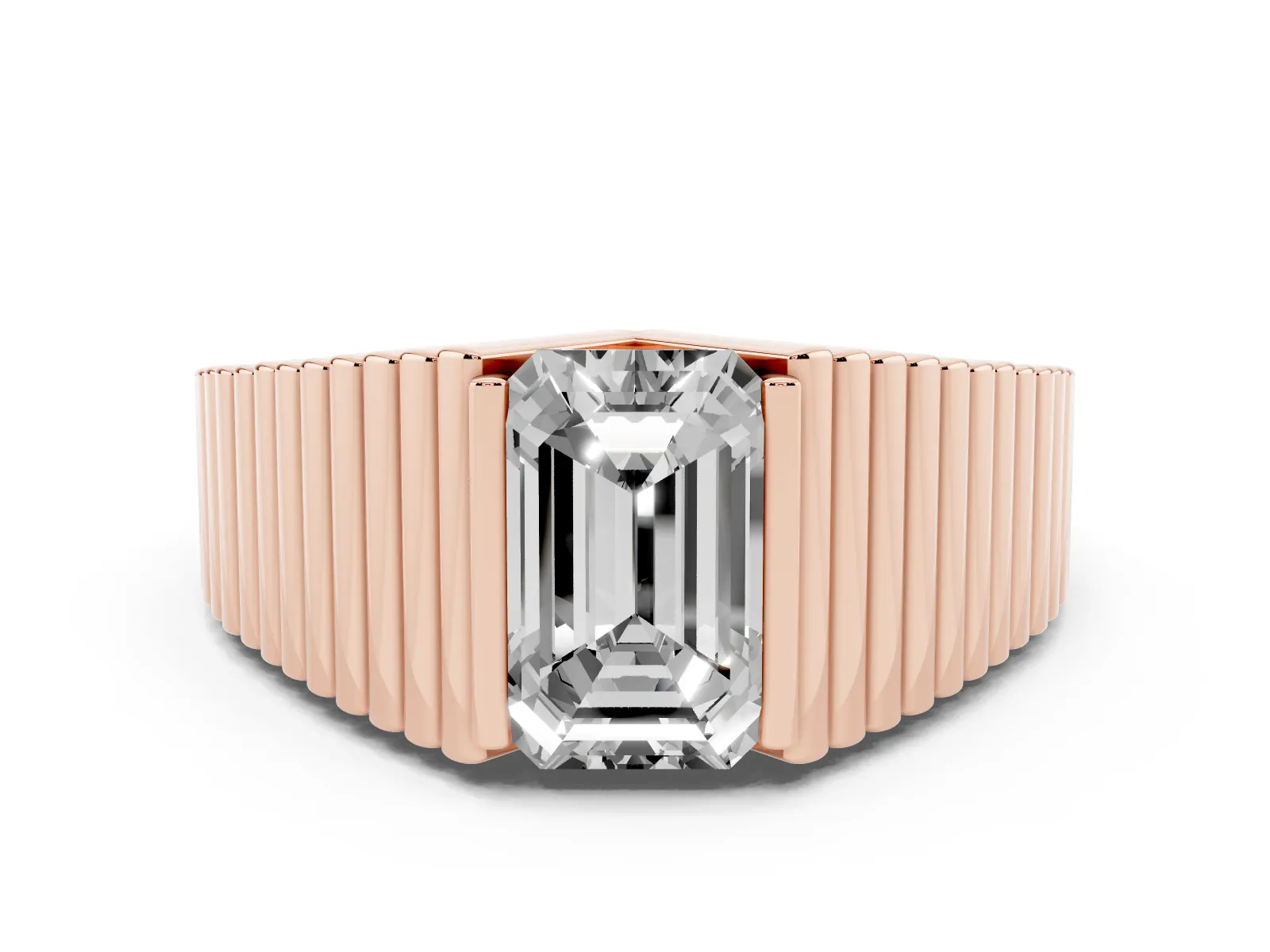 Emerald Cut Diamond Fluted Mens Ring Rose gold