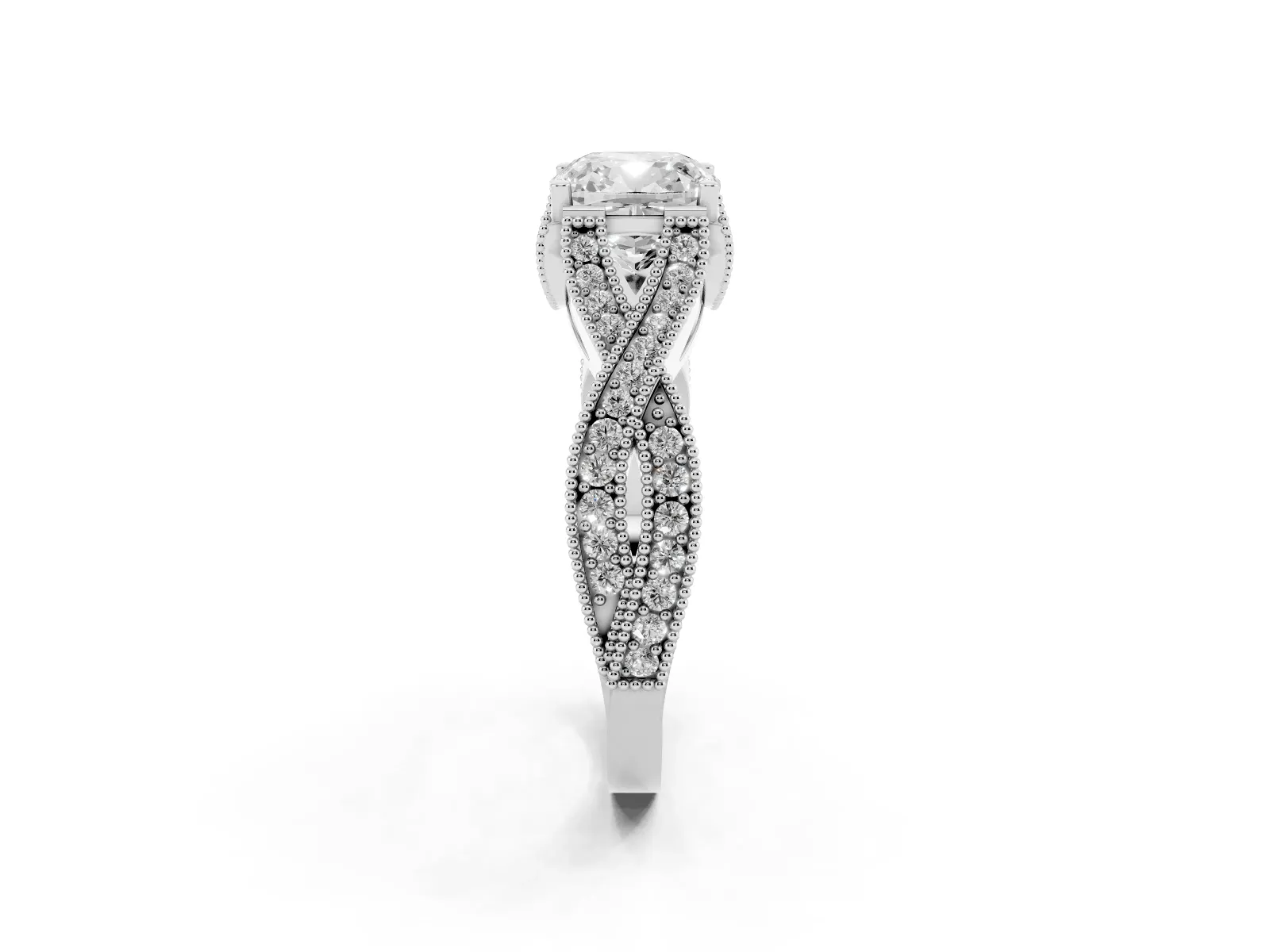 Cushion Cut Cut Diamond Twisted Band with Milgrain Pave Setting and Four-Prong Setting Platinum
