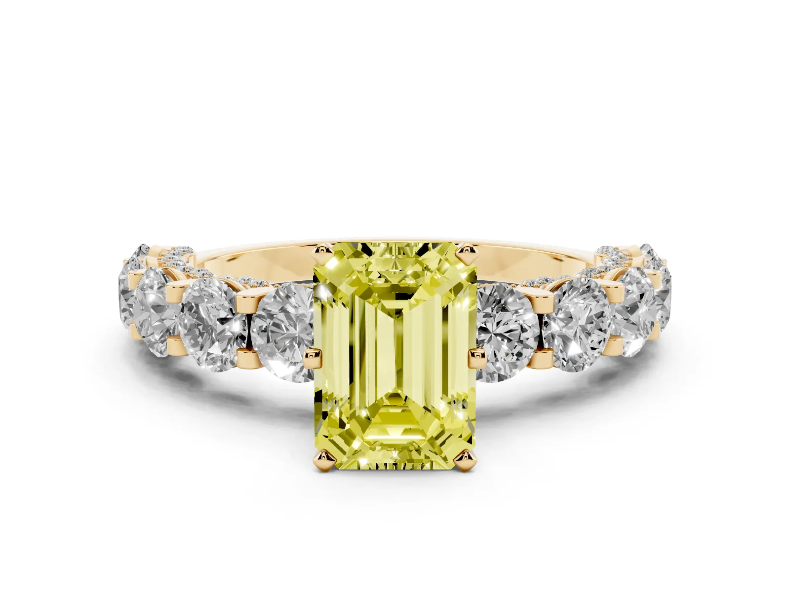 Fancy Yellow Emerald Cut Diamond Side Stone Engagement Ring with Four-Prong Setting Yellow gold