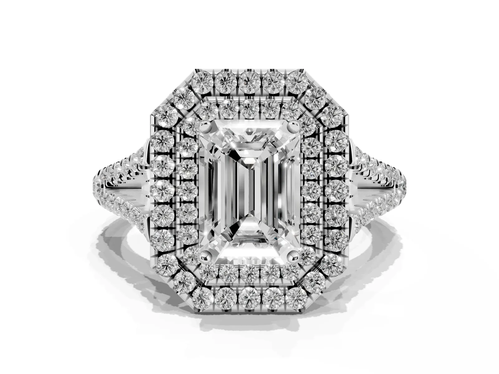 Emerald Cut Diamond Double Halo Ring with Pavé Band and Prong Setting Platinum