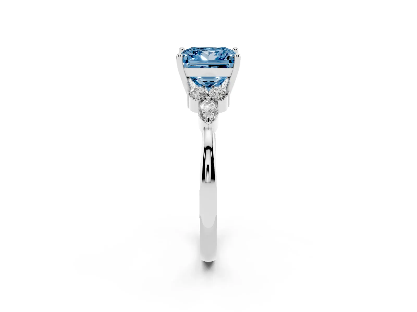 Fancy Blue Princess Cut Brilliant Diamond Solitaire Ring with Pear Side Stones and Four-Prong Setting Platinum