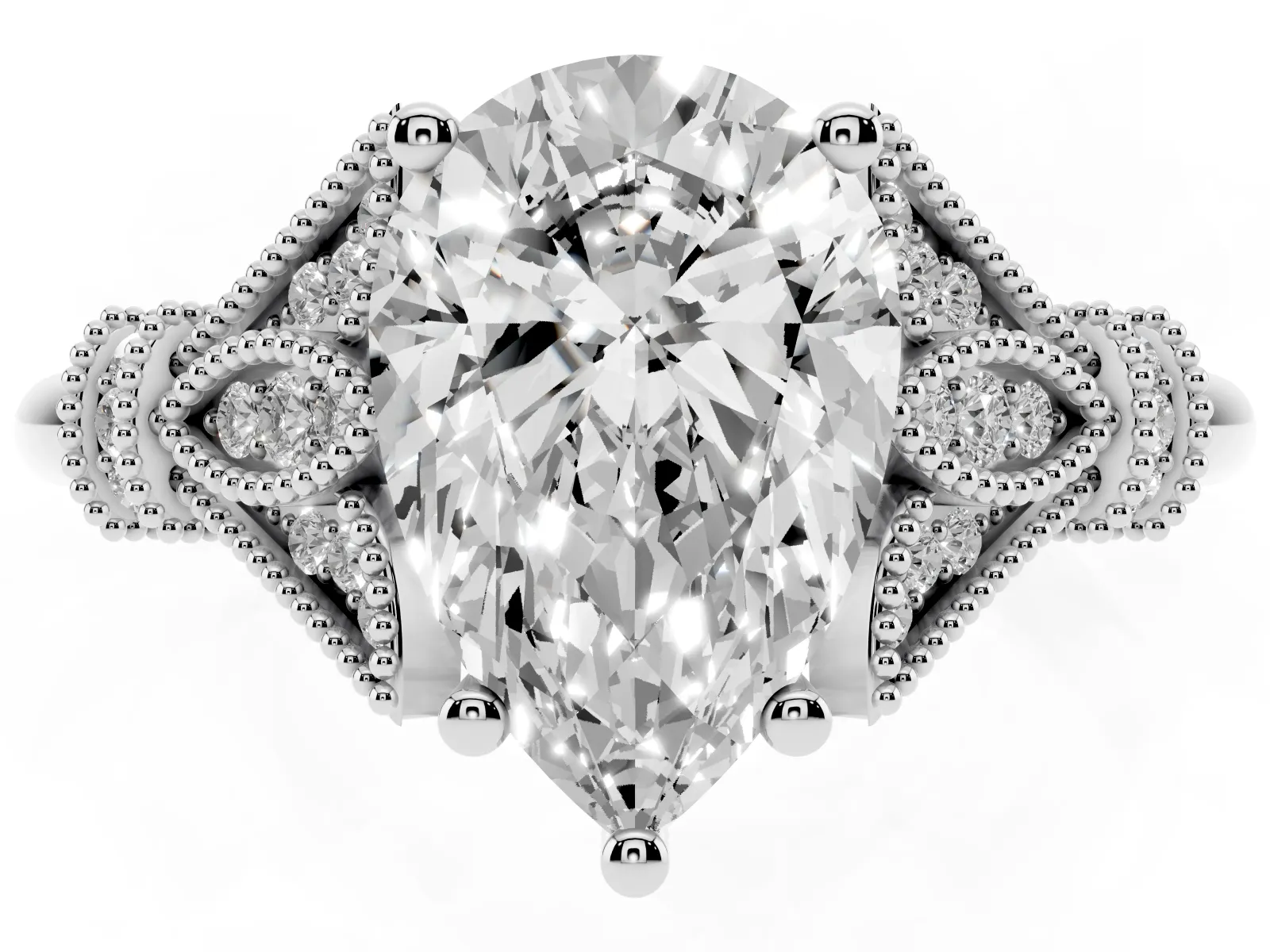 Pear Cut Diamond Solitaire Ring with Floral Filigree and Pave Accents Platinum