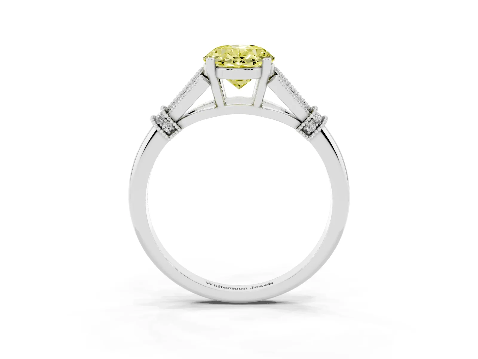 Fancy Yellow Oval Cut Diamond Solitaire Ring with Floral Filigree and Pave Accents White gold