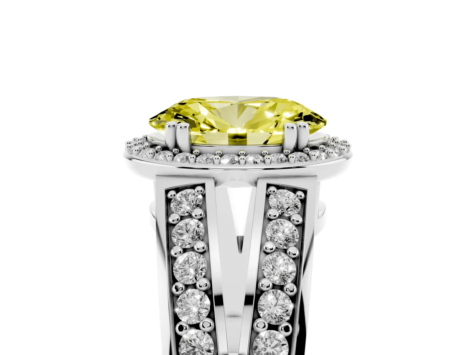 Fancy Yellow Oval Cut Diamond Halo Ring with Split Shank Pavé Band and Four-Prong Setting White gold