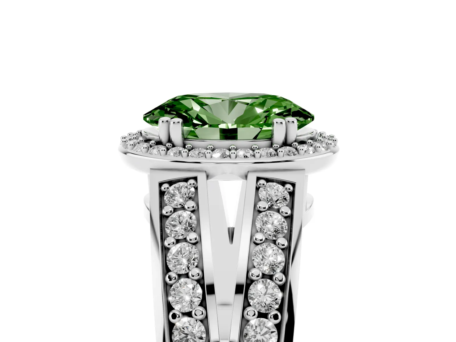 Fancy Green Oval Cut Diamond Halo Ring with Split Shank Pavé Band and Four-Prong Setting White gold
