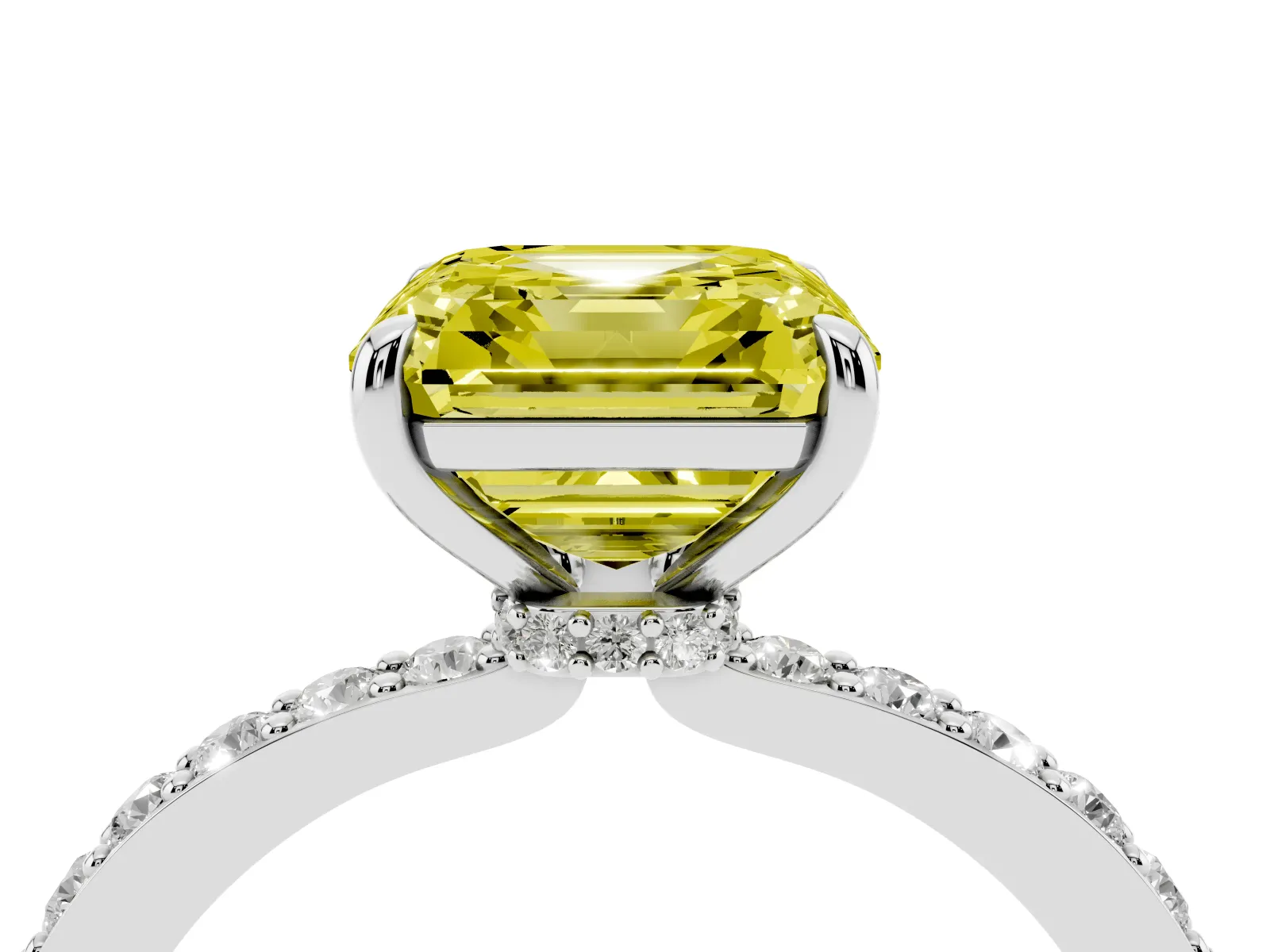 Fancy Yellow Asscher Cut Diamond Solitaire Engagement Ring with Pavé Band and Four-Prong Setting White gold