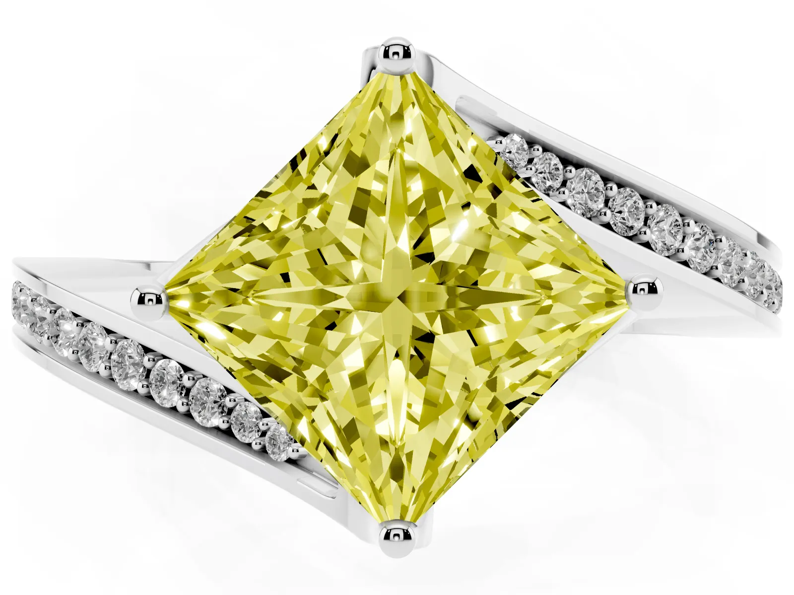 Fancy Yellow Princess Cut Solitaire Diamond Twist Band with Pavé Setting and Four-Prong Setting Platinum